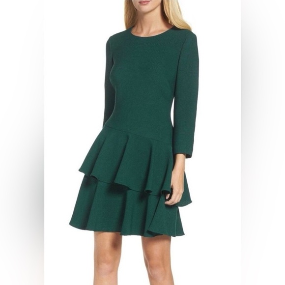 Eliza J Forest Green for and flare ruffle 3/4 sleeve dress 16/ 14 - Picture 3 of 11